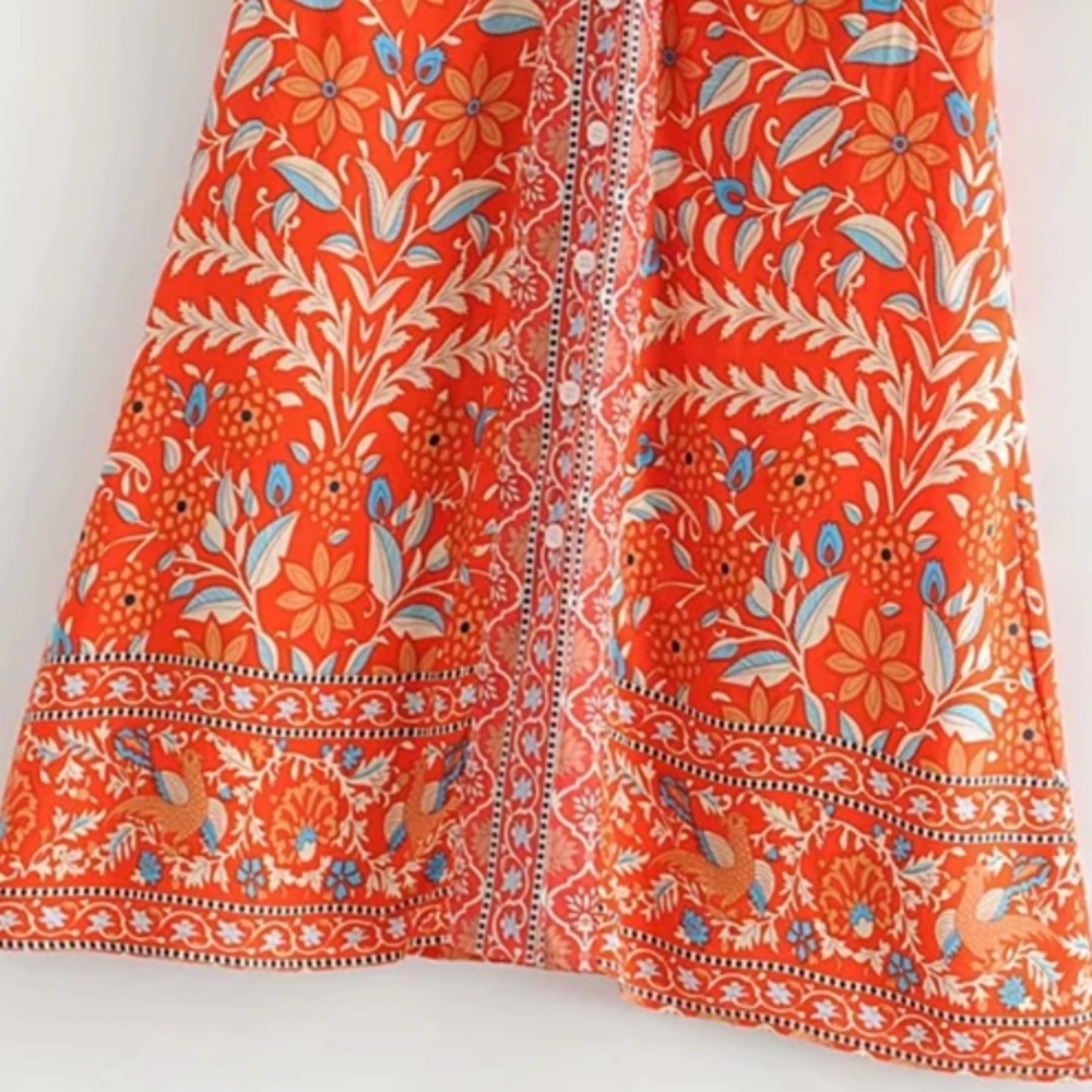 Orange Button Up Boho Floral Gypsy Print Dress - Picture 5 of 9